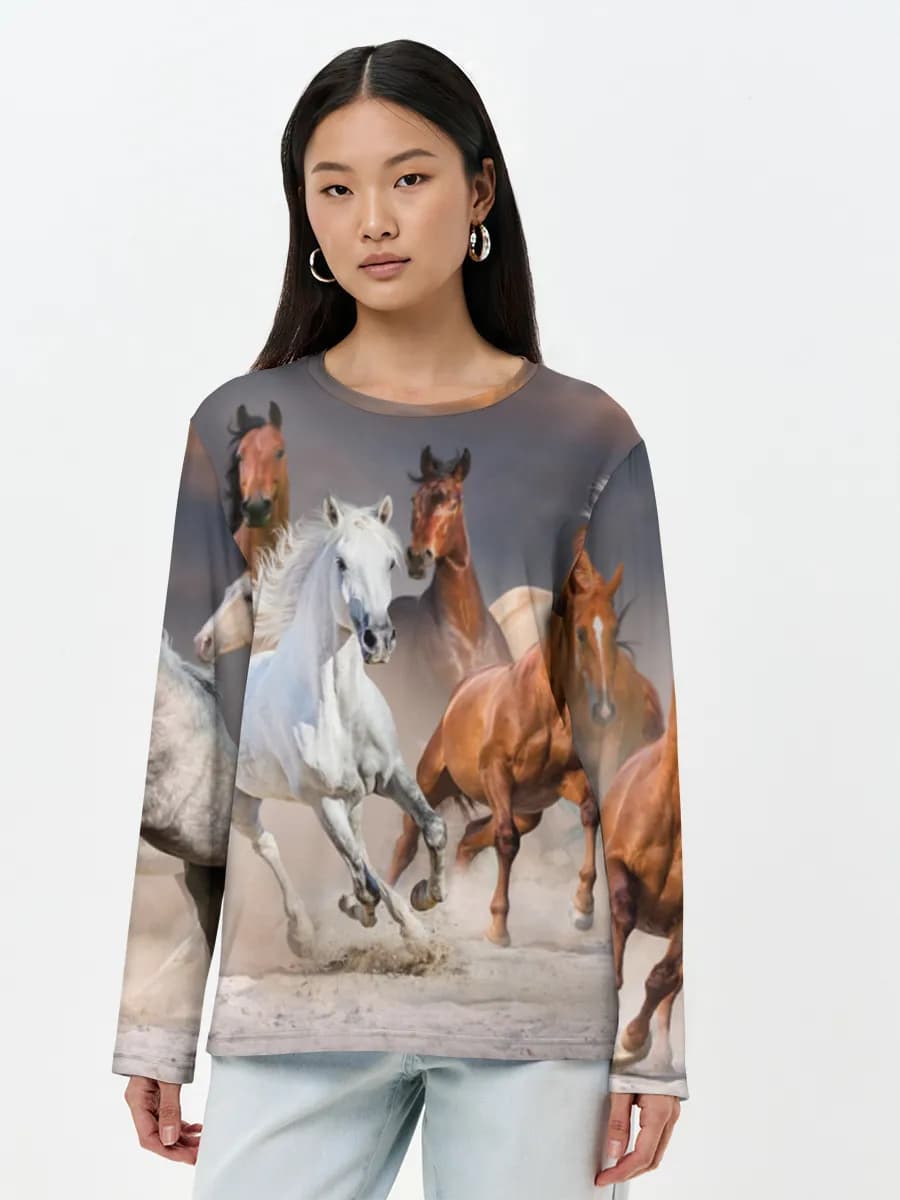 Wild Horses Running — Women's long sleeve shirt. Cotton with all-over print, Equestrian theme