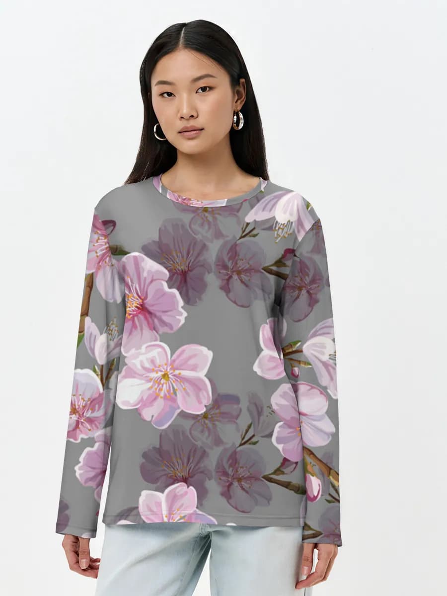 Cherry Blossom Blooms — Women's long sleeve shirt. Cotton with all-over print, Floral theme