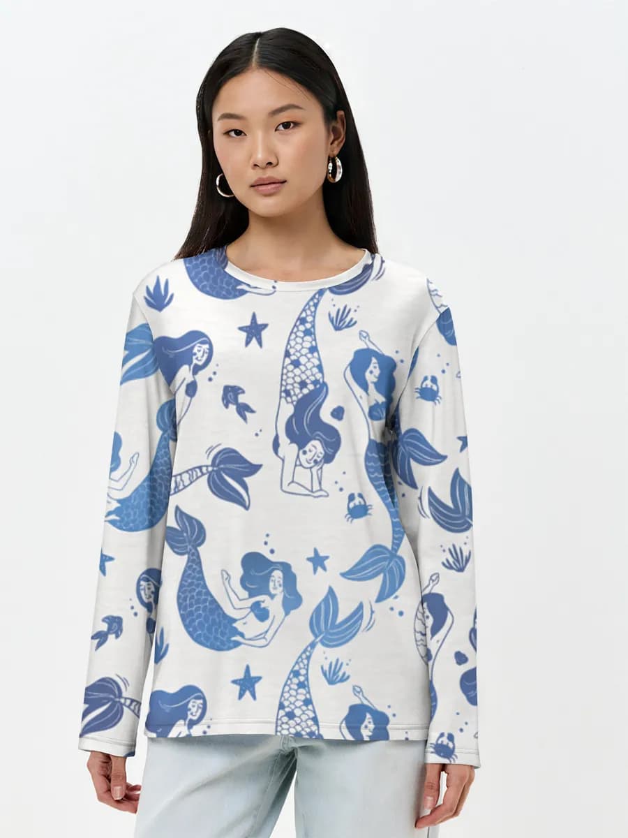 Vintage Blue Mermaids — Women's long sleeve shirt. Cotton with all-over print, Mermaid theme
