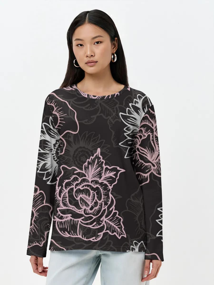 Gothic Linework Florals — Women's long sleeve shirt. Cotton with all-over print, Floral theme