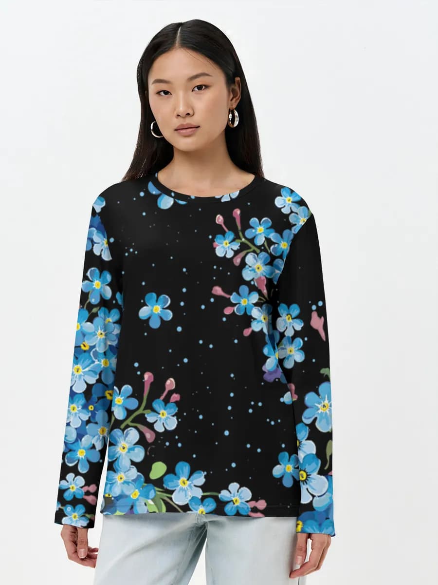 Forget Me Not Blooms — Women's long sleeve shirt. Cotton with all-over print, Floral theme