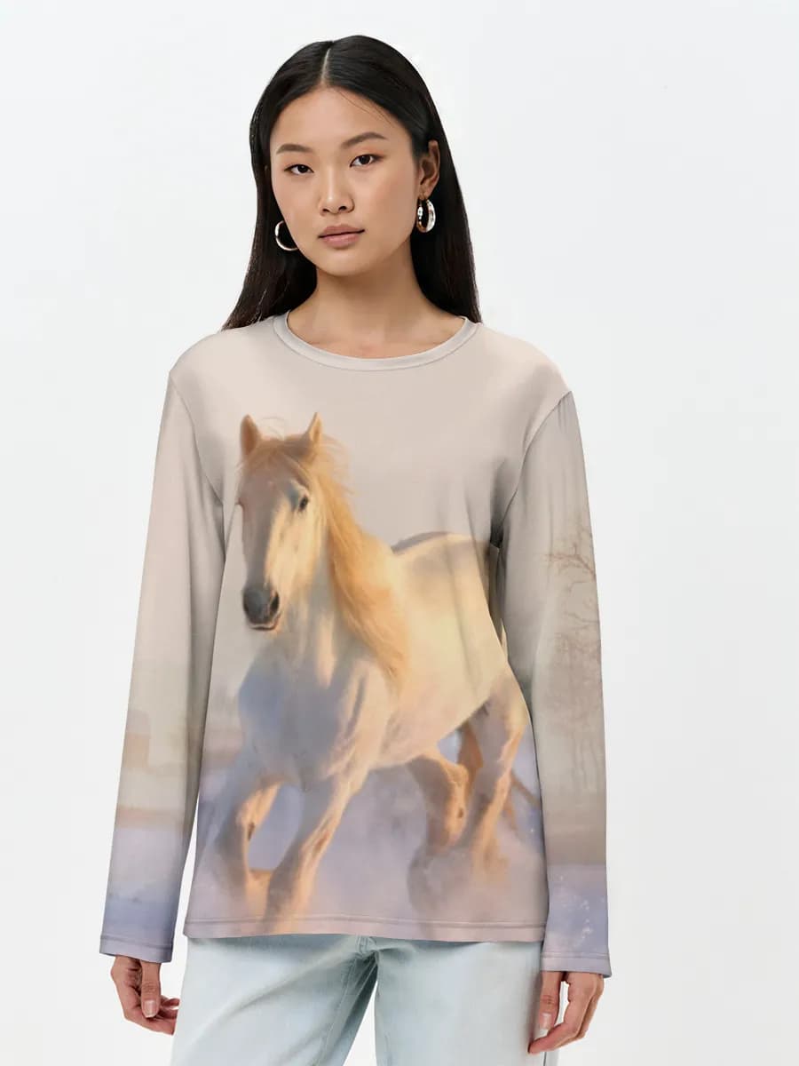 White Horse In Snow — Women's long sleeve shirt. Cotton with all-over print, Equestrian theme
