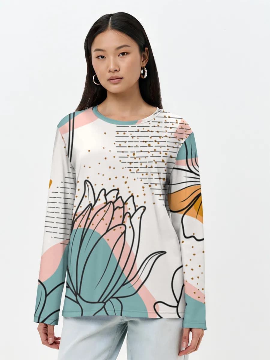 Abstract Midcentury Florals — Women's long sleeve shirt. Cotton with all-over print, Floral theme