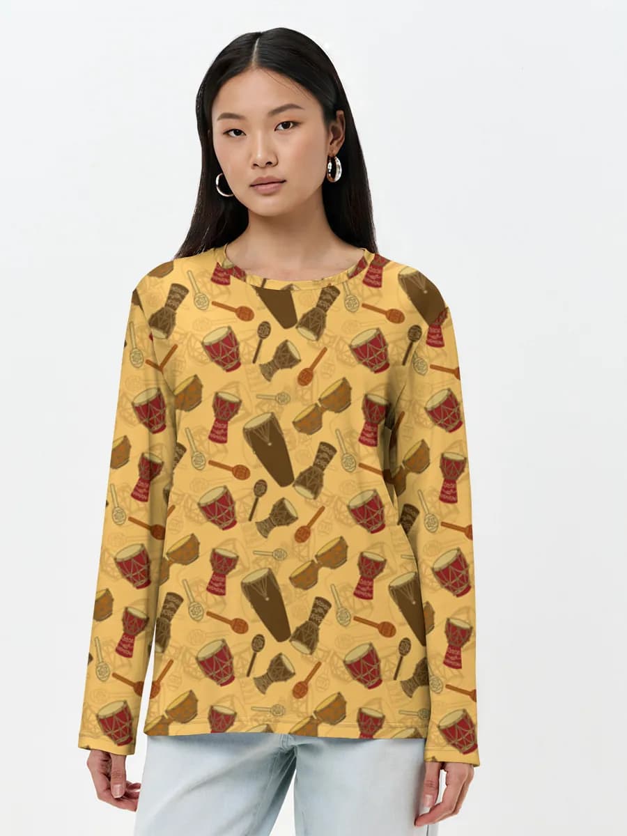 Colorful Percussion Instruments — Women's long sleeve shirt. Cotton with all-over print, Music theme