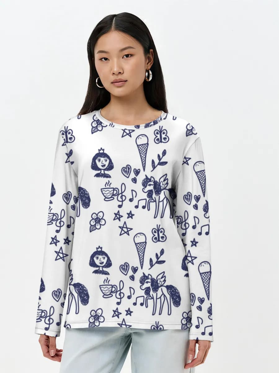 Whimsical Unicorn Doodle Mix — Women's long sleeve shirt. Cotton with all-over print, Unicorn theme