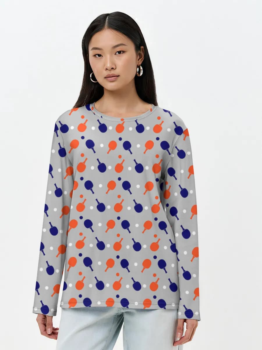Ping Pong Paddle Print — Women's long sleeve shirt. Cotton with all-over print, Ping Pong theme