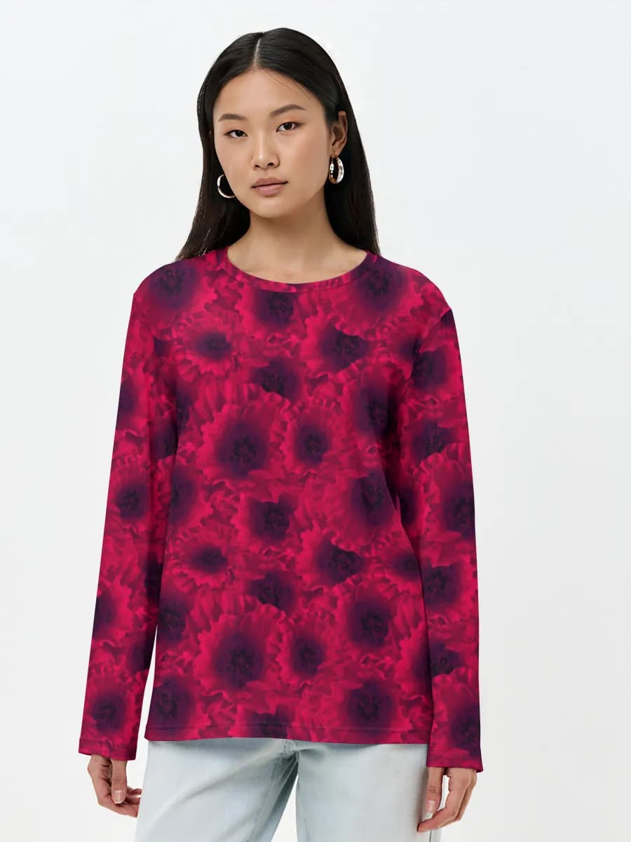 Crimson Poppy Blossoms — Women's long sleeve shirt. Cotton with all-over print, Floral theme