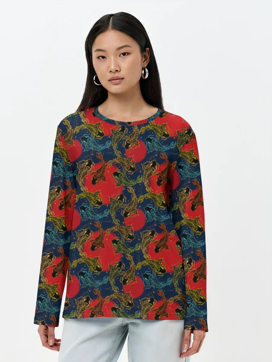 Koi Fish Red Sun — Women's long sleeve shirt. Cotton with all-over print, Koi Fish theme