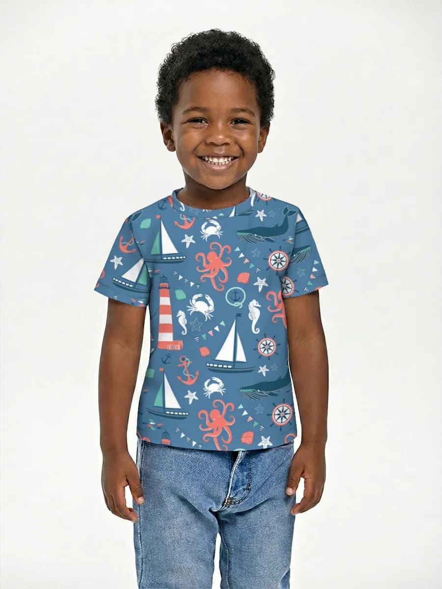 Nautical Ocean Icons — Children's cotton T-shirt (for boys. Copy) with all-over print, Nautical theme
