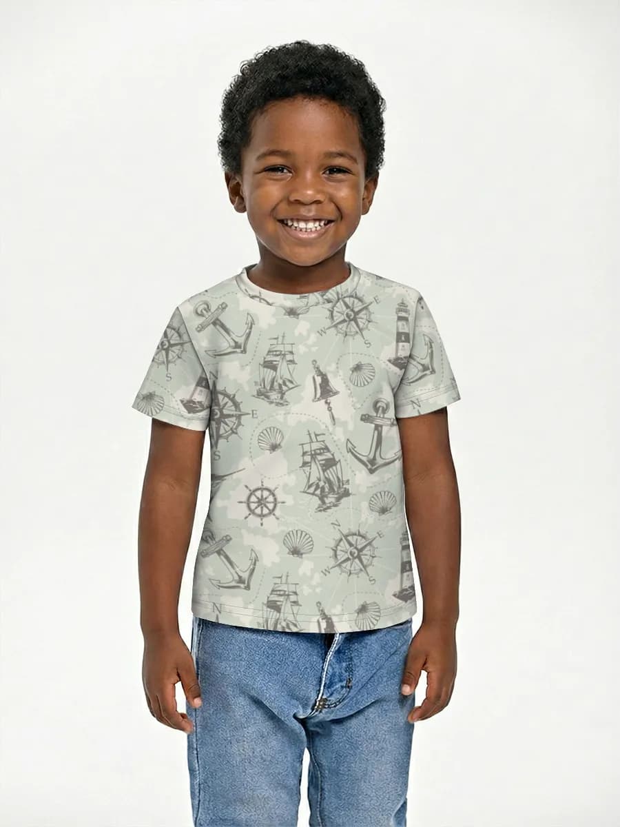 Vintage Nautical Map Icons — Children's cotton T-shirt (for boys. Copy) with all-over print, Nautical theme