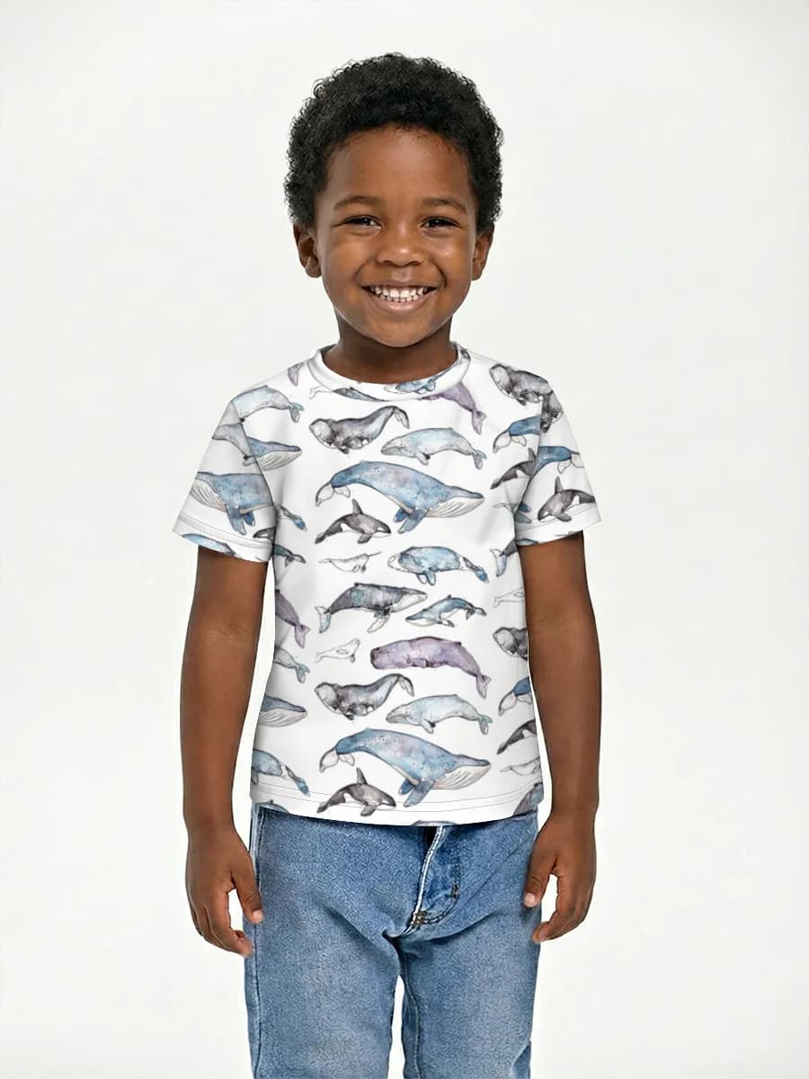 Watercolor Whale Parade — Children's cotton T-shirt (for boys. Copy) with all-over print, Whale theme