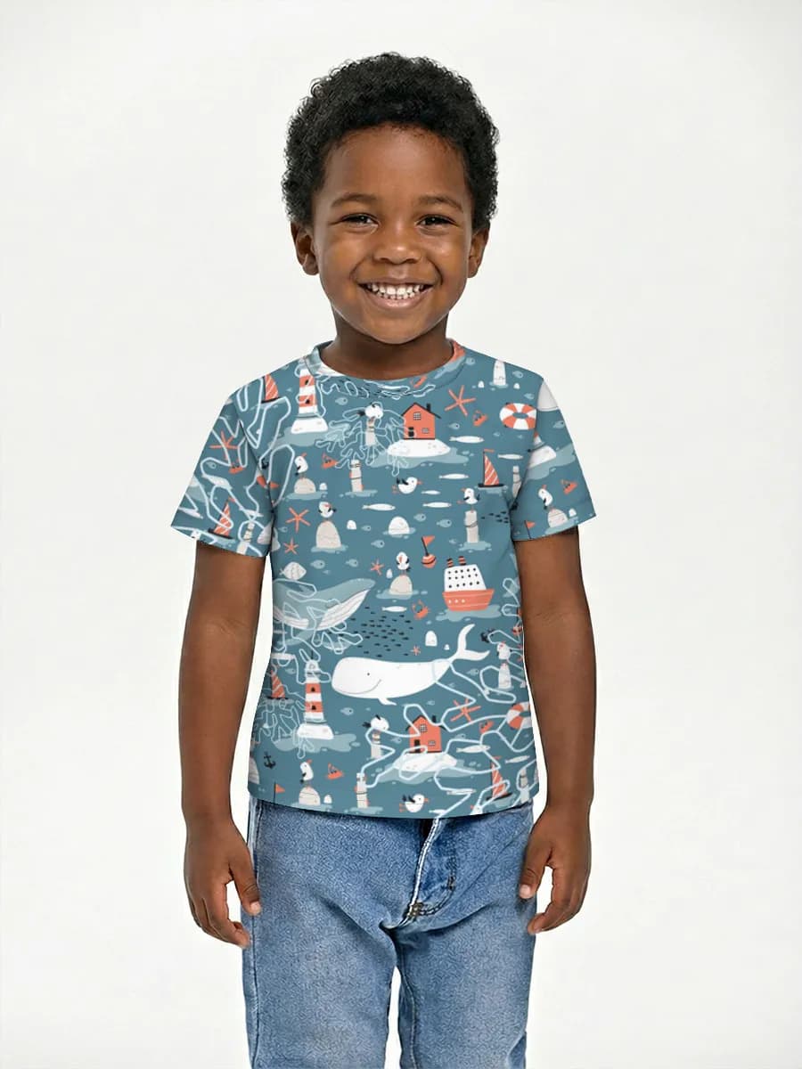 Whales And Lighthouses — Children's cotton T-shirt (for boys. Copy) with all-over print, Ocean theme
