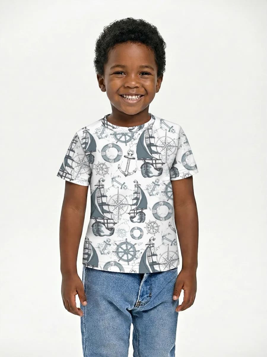 Nautical Sailing Icons — Children's cotton T-shirt (for boys. Copy) with all-over print, Nautical theme