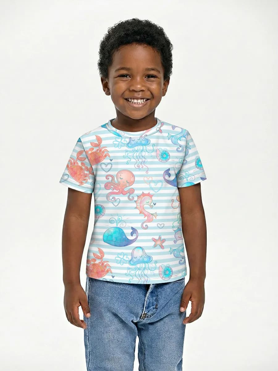 Cute Pastel Sea Life — Children's cotton T-shirt (for boys. Copy) with all-over print, Ocean theme