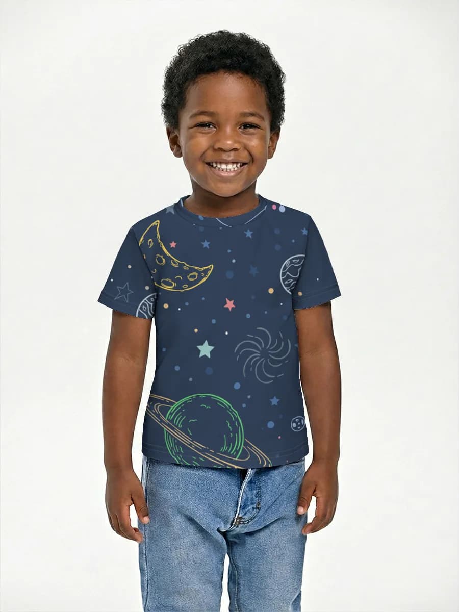 Playful Space Doodles — Children's cotton T-shirt (for boys. Copy) with all-over print, Space theme