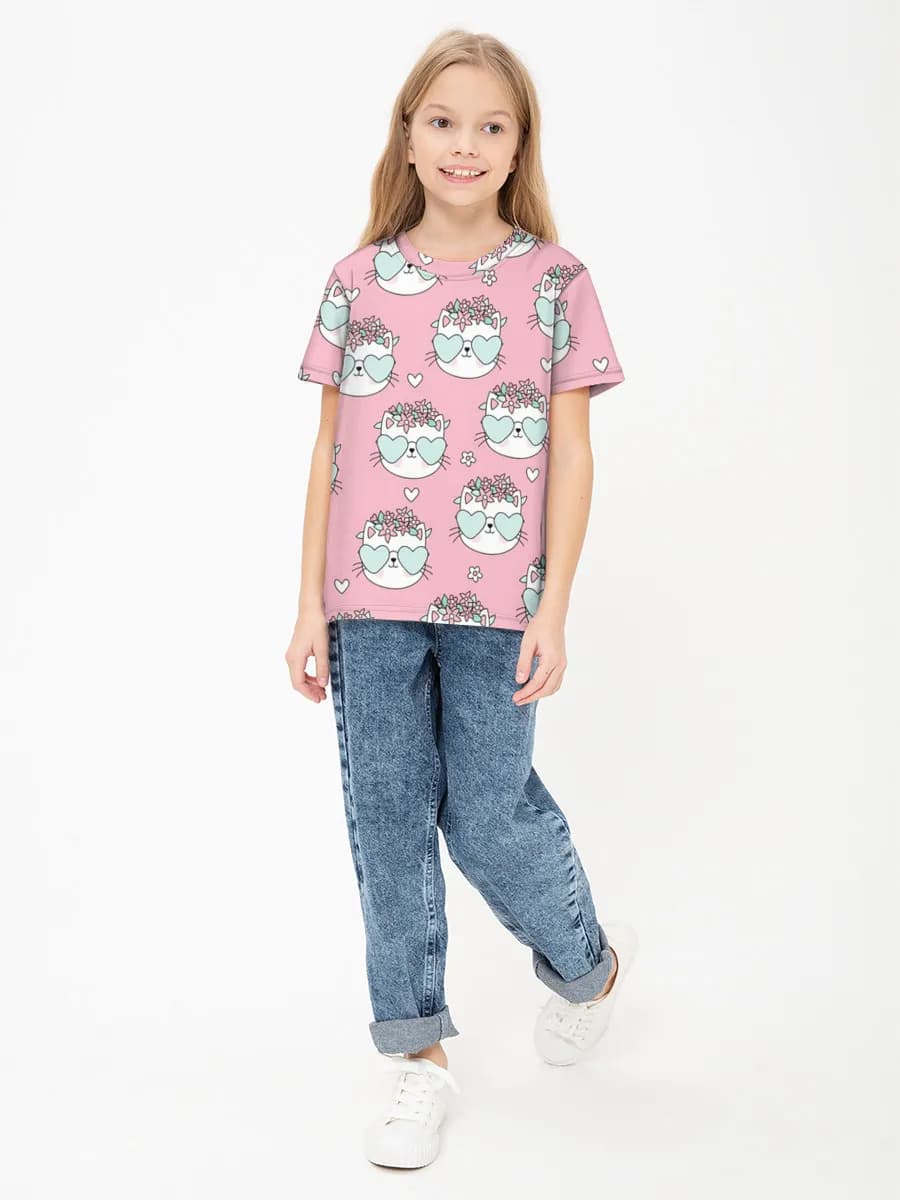 Kawaii Cats With Heart Shades — Children's cotton T-shirt (for girls. Copy) with all-over print, Cats theme