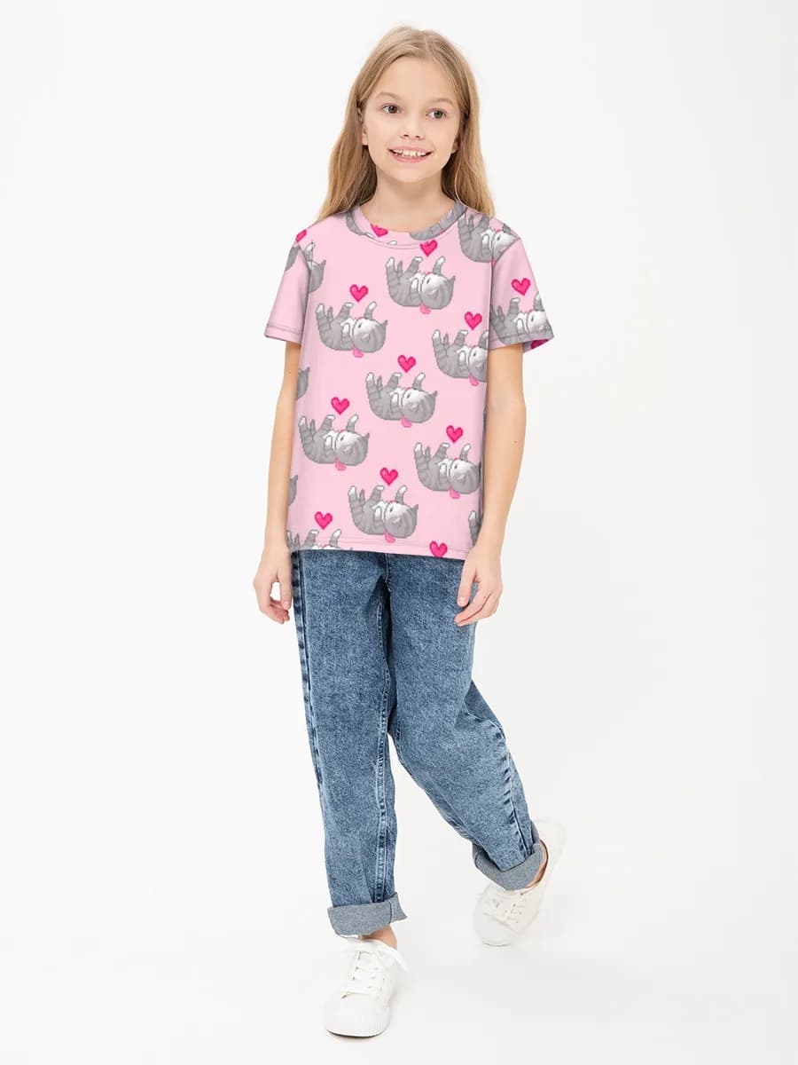 Pixel Cat In Love — Children's cotton T-shirt (for girls. Copy) with all-over print, Cats theme