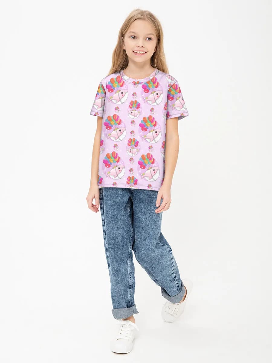 Kawaii Whale With Balloons — Children's cotton T-shirt (for girls. Copy) with all-over print, Whale theme