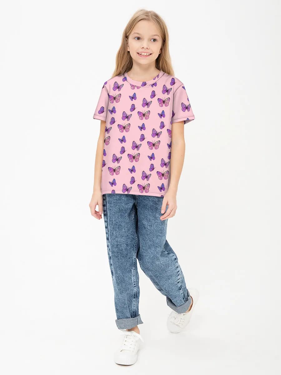 Pink Purple Butterflies — Children's cotton T-shirt (for girls. Copy) with all-over print, Butterflies theme