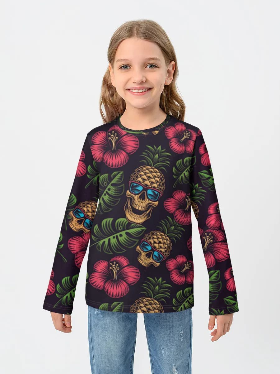 Tropical Pineapple Skull Vibes — Children's cotton long sleeve shirt with all-over print, Nature theme