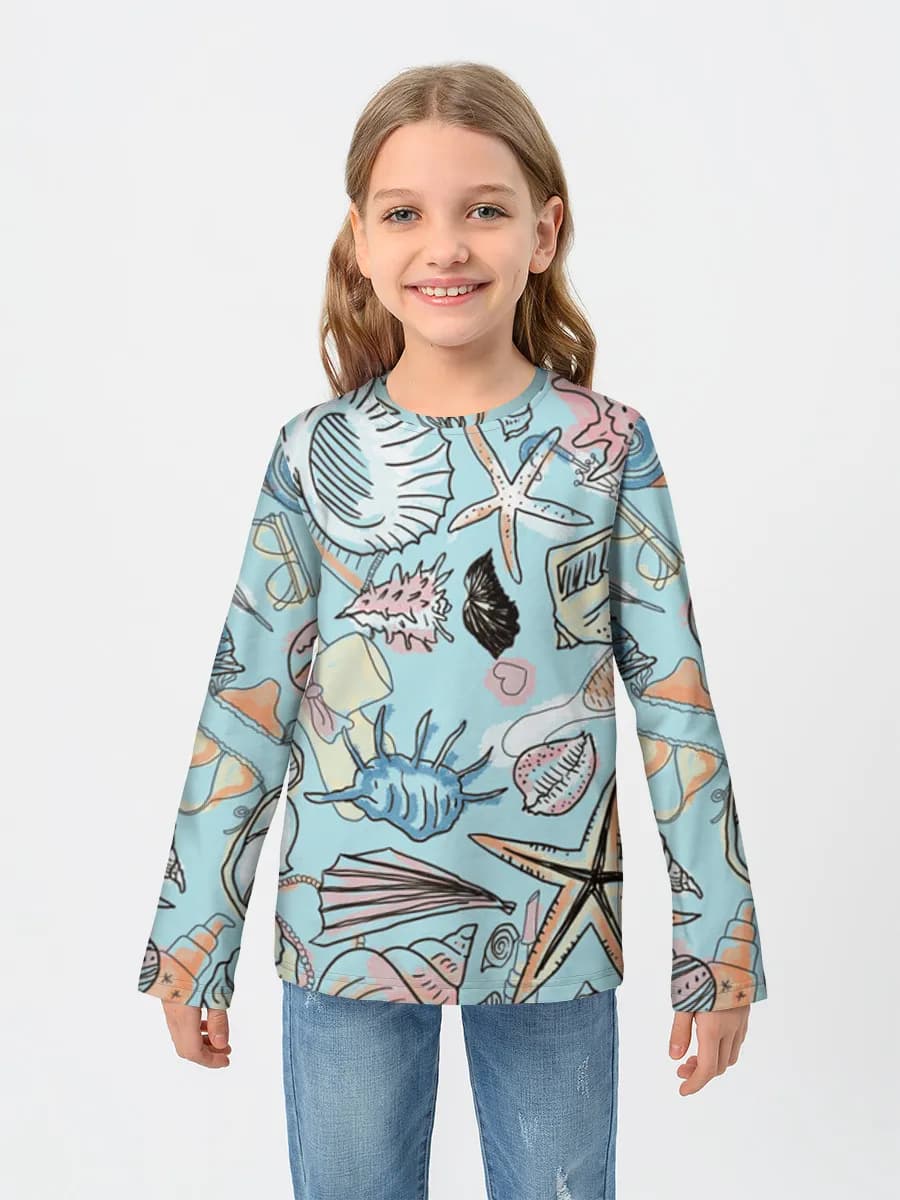 Pastel Beach Shell Doodles — Children's cotton long sleeve shirt with all-over print, Ocean theme