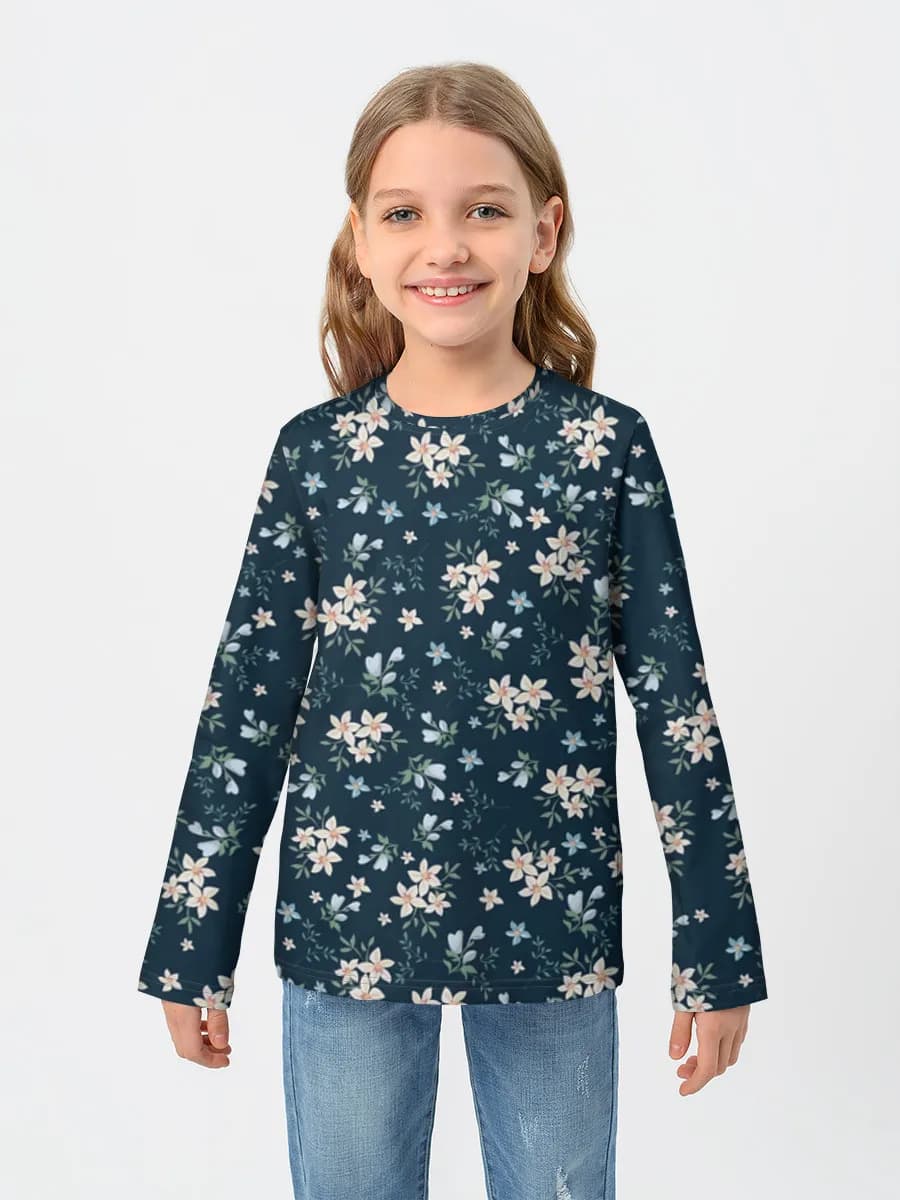 Navy Ditsy Floral Blossoms — Children's cotton long sleeve shirt with all-over print, Floral theme