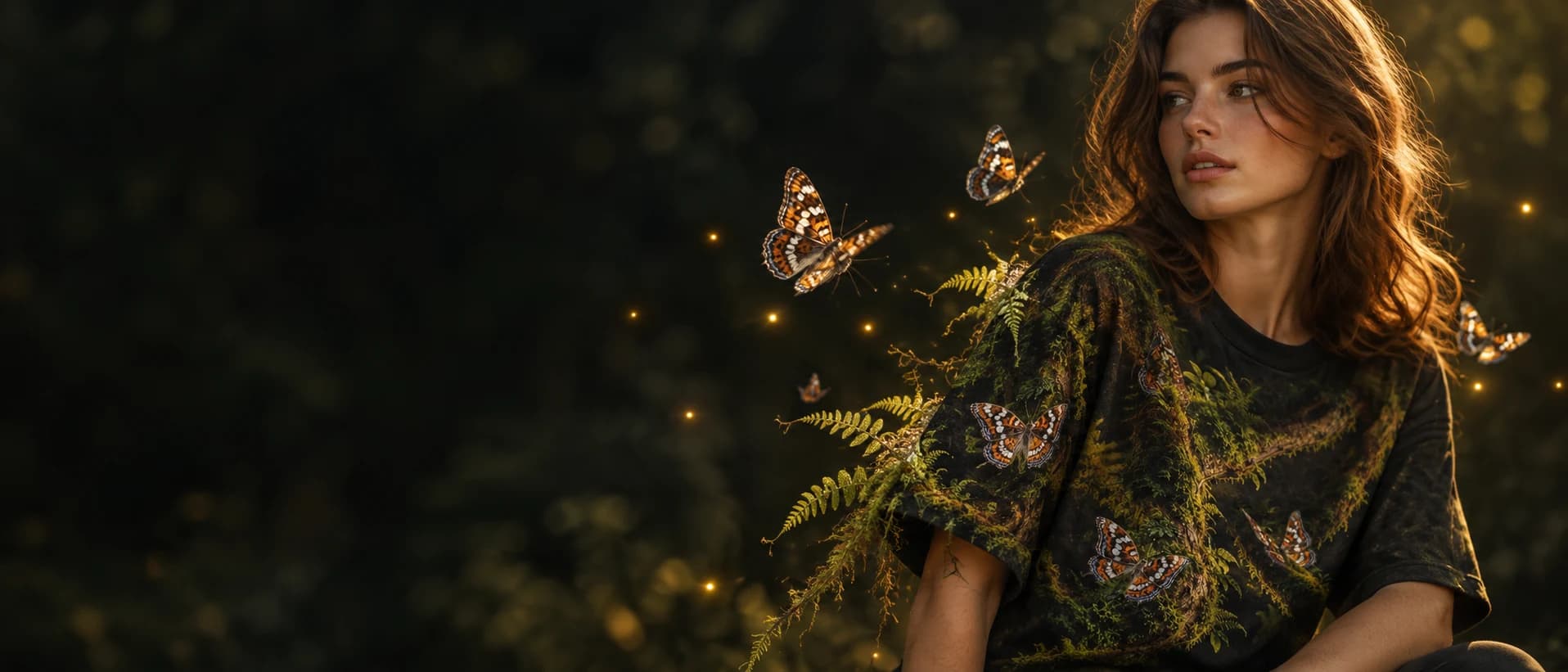 Woman in a black dark botanical all-over print t-shirt, butterflies and fireflies flying off the print
