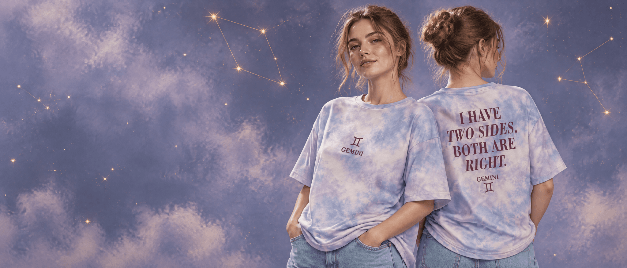 Two women back to back in matching tie-dye zodiac T-shirts — the front shows the Gemini sign, the back reads "I have two sides. Both are right." — Zodiac T-Shirts by allover.art