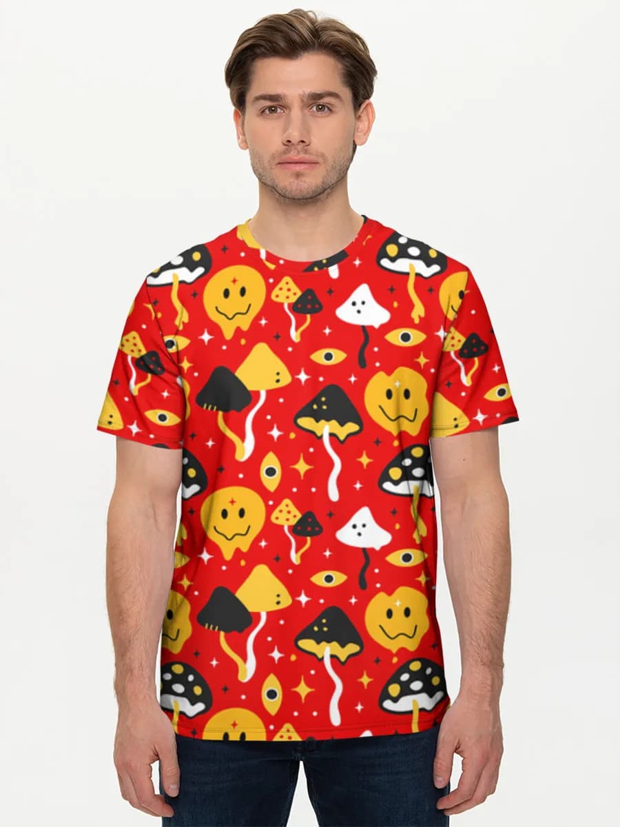 Psychedelic Cute Mushrooms — Men's basic cotton T-shirt with all-over print, Mushrooms theme