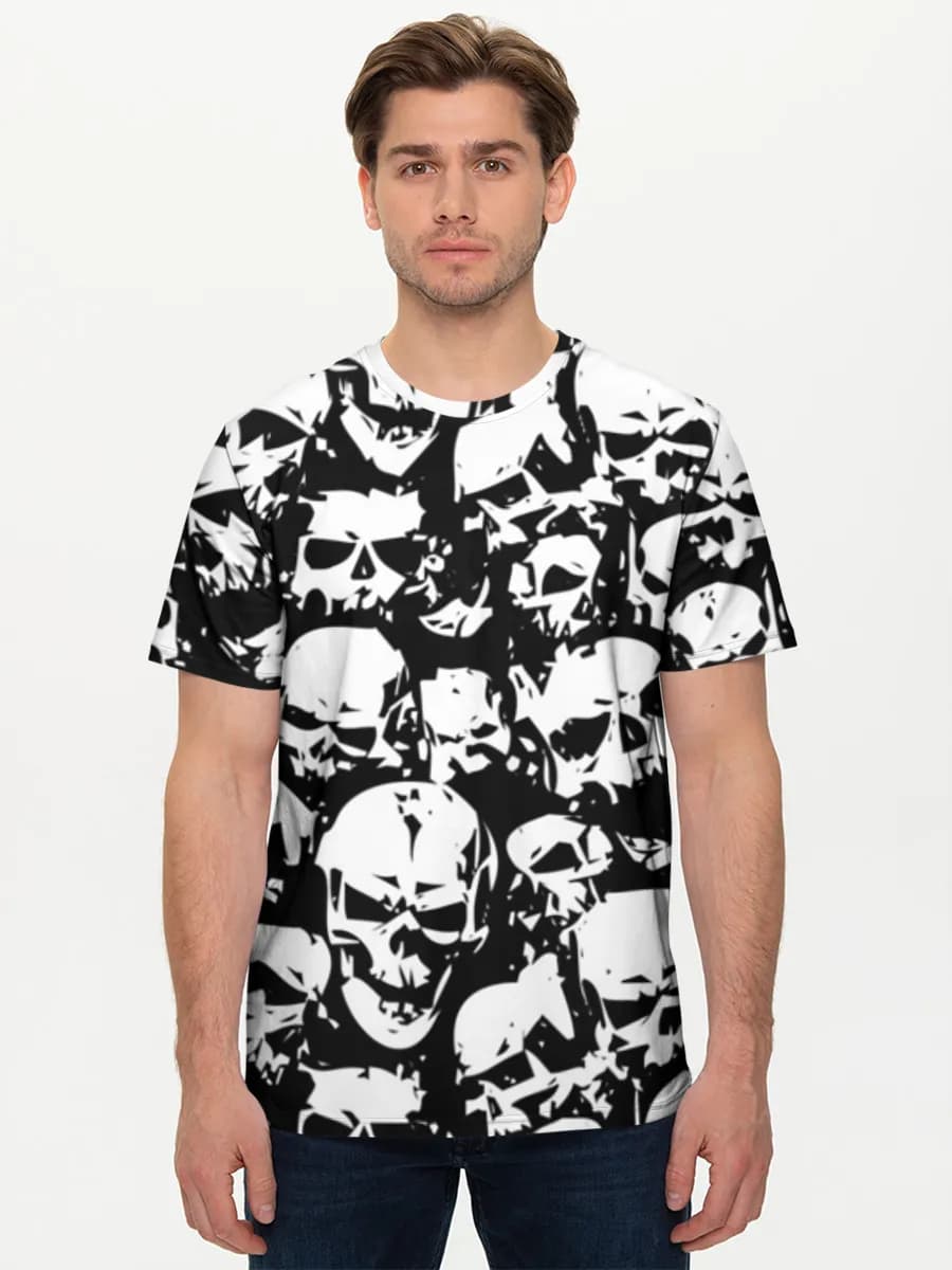 Black And White Skulls — Men's basic cotton T-shirt with all-over print, Skulls theme