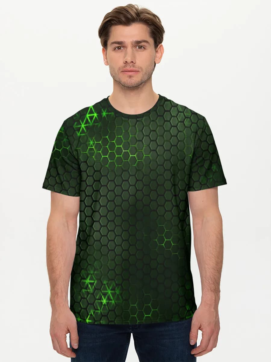 Neon Green Hex Grid — Men's basic cotton T-shirt with all-over print, Geometry theme