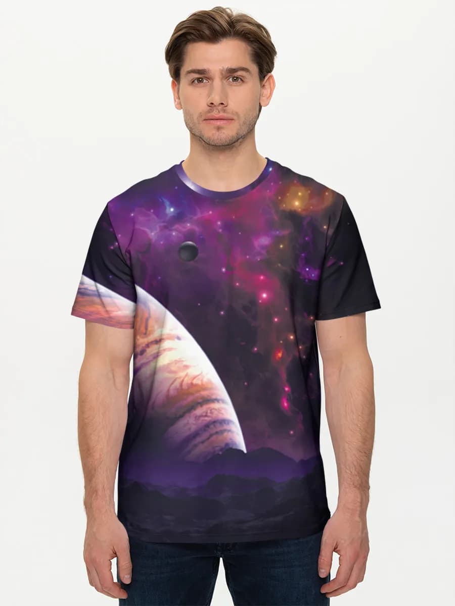 Violet Nebula Planetscape — Men's basic cotton T-shirt with all-over print, Space theme