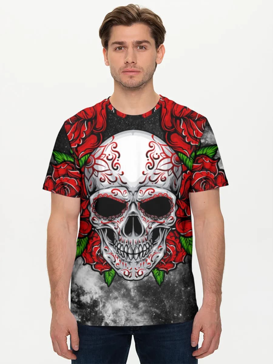 Cosmic Sugar Skull Roses — Men's basic cotton T-shirt with all-over print, Skulls theme