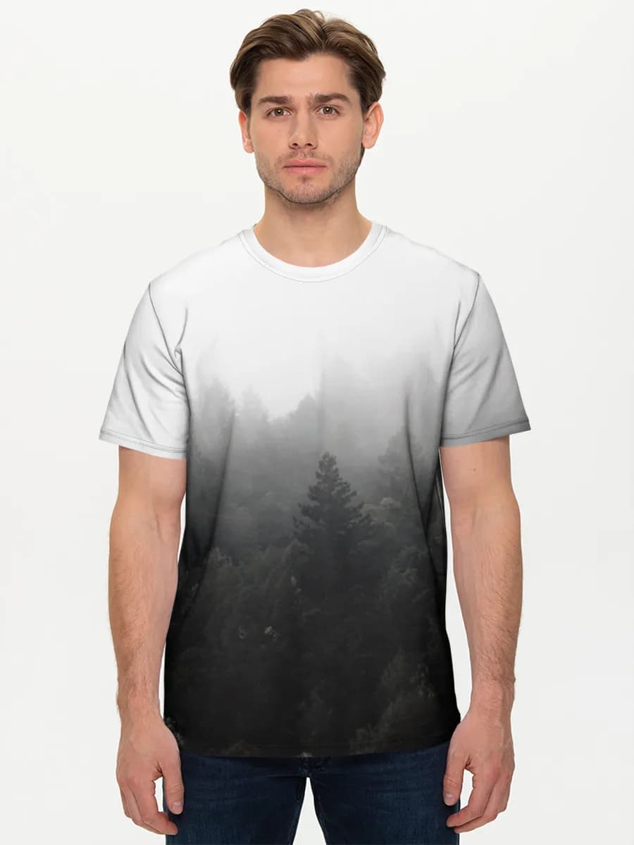 Misty Pine Forest — Men's basic cotton T-shirt with all-over print, Forest theme