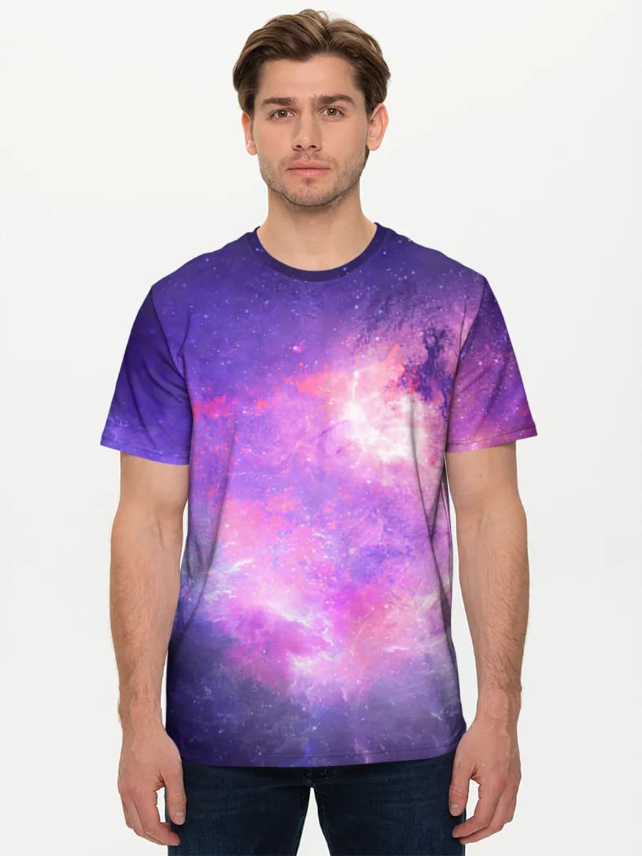 Violet Cosmic Nebula — Men's basic cotton T-shirt with all-over print, Space theme