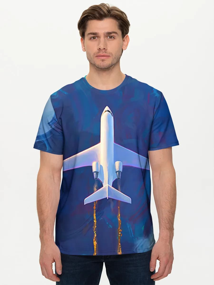 Jet Rising Through Clouds — Men's basic cotton T-shirt with all-over print, Aviation theme