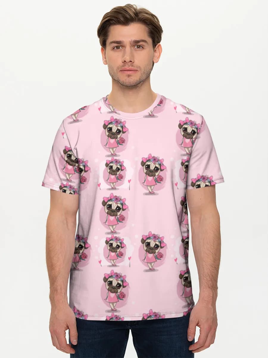 Cute Pug With Roses — Men's basic cotton T-shirt with all-over print, Dogs theme