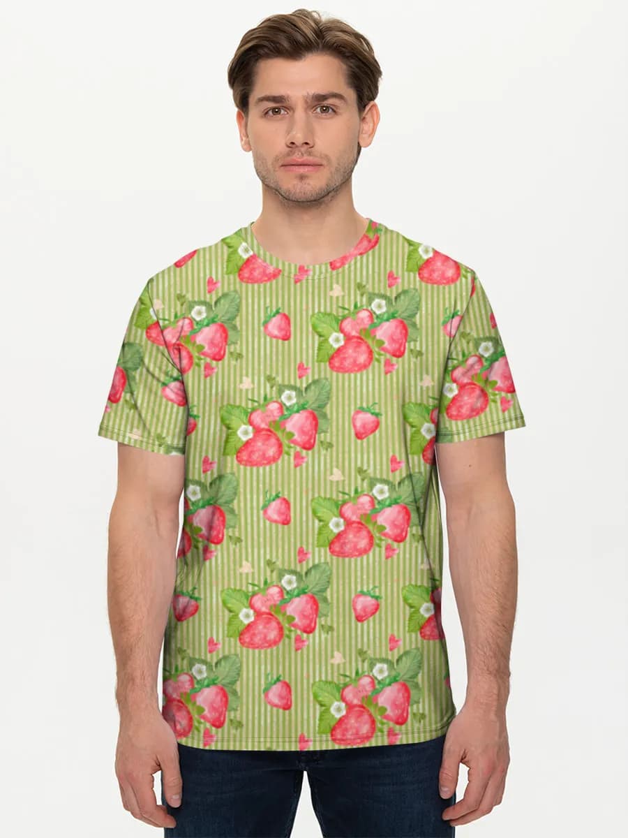 Watercolor Strawberry Hearts — Men's basic cotton T-shirt with all-over print, Strawberries theme
