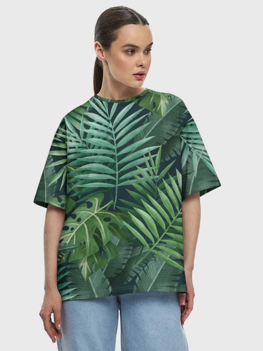 Tropical Jungle Leaves — Women's oversized cotton T-shirt with all-over print, Nature theme