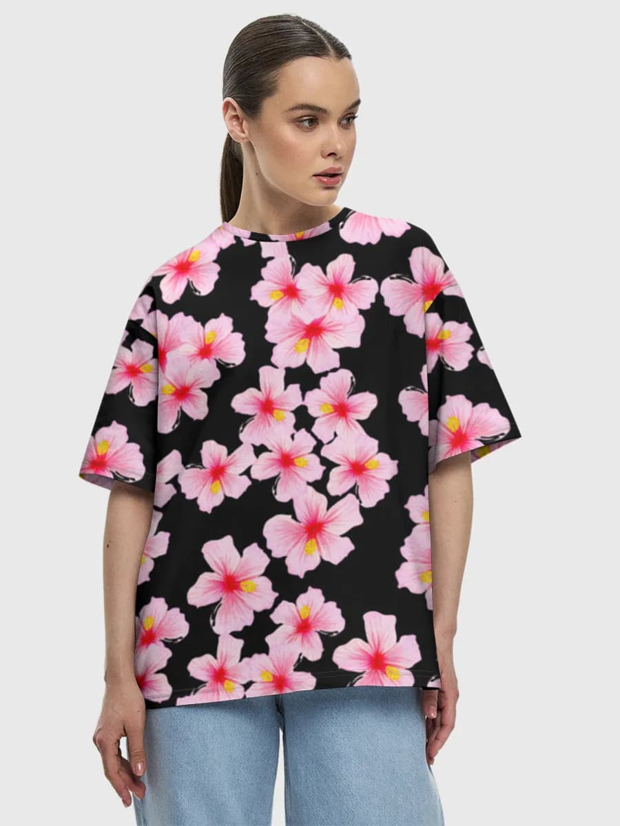 Pink Hibiscus Flowers — Women's oversized cotton T-shirt with all-over print, Floral theme