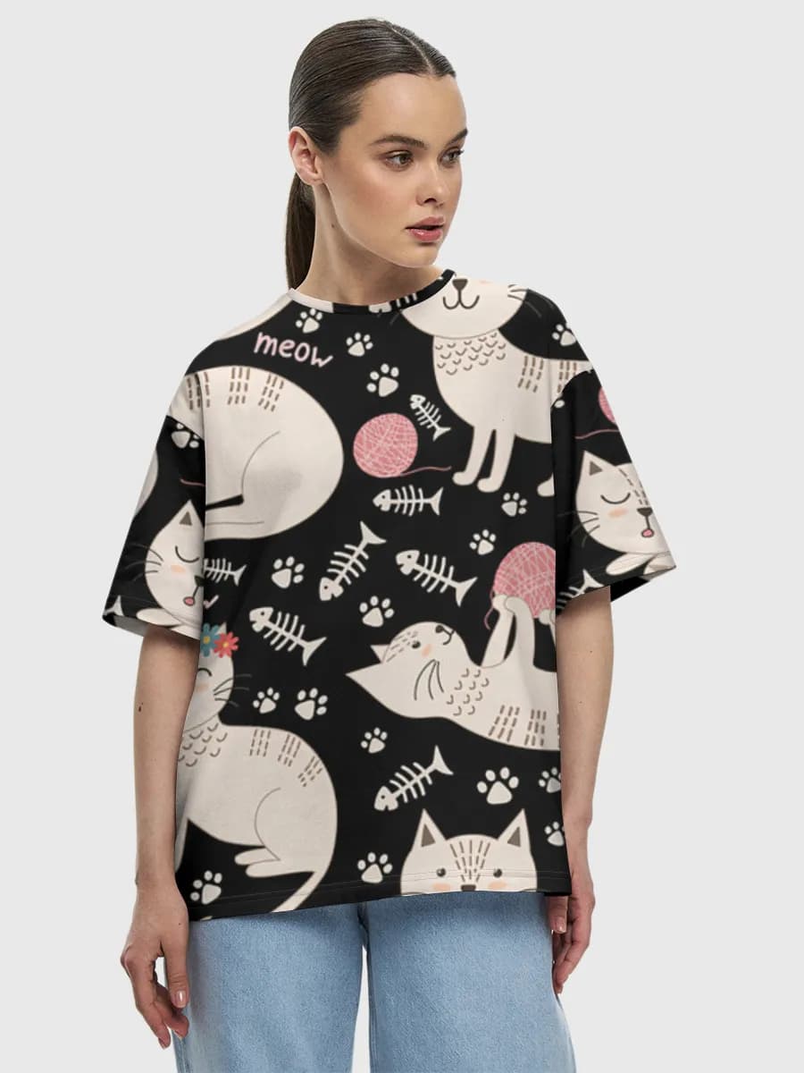 Cute Meow Cats — Women's oversized cotton T-shirt with all-over print, Cats theme