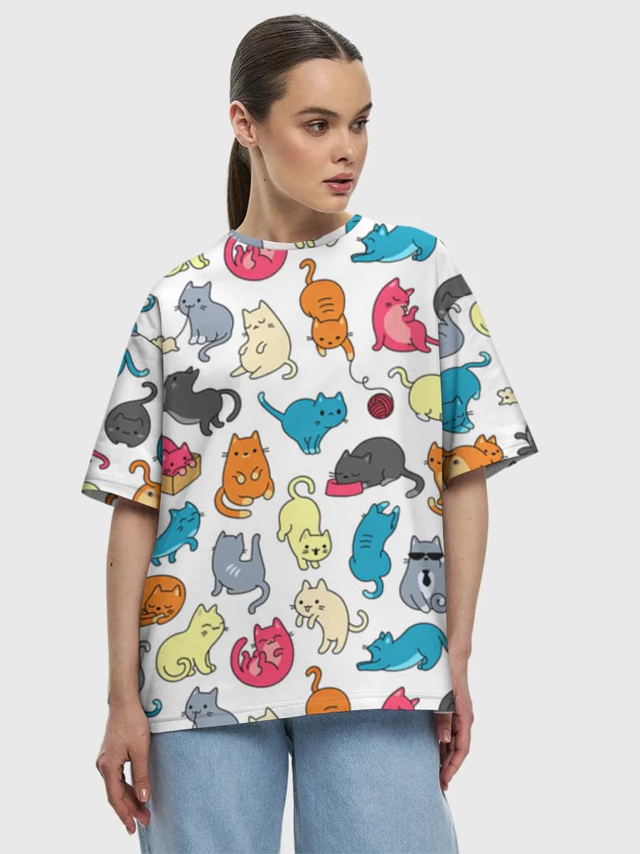 Cute Cartoon Cats — Women's oversized cotton T-shirt with all-over print, Cats theme