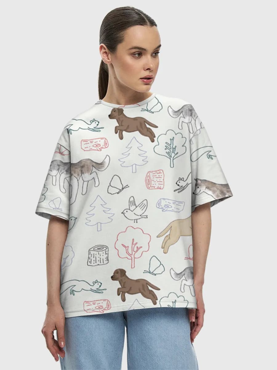 Whimsical Woodland Dogs — Women's oversized cotton T-shirt with all-over print, Dogs theme