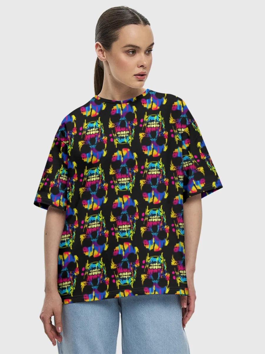 Neon Skull Splash Art — Women's oversized cotton T-shirt with all-over print, Skulls theme
