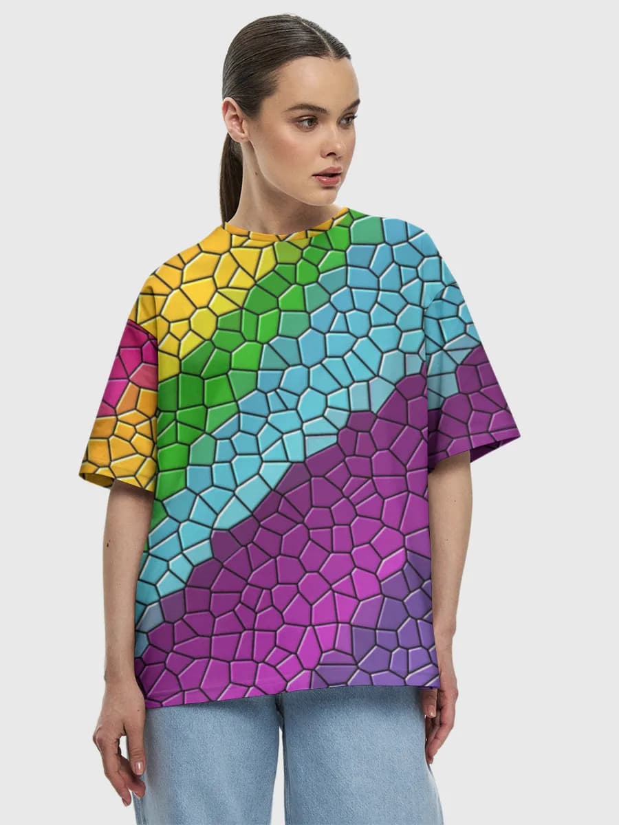 Rainbow Mosaic Abstract — Women's oversized cotton T-shirt with all-over print, Abstract theme