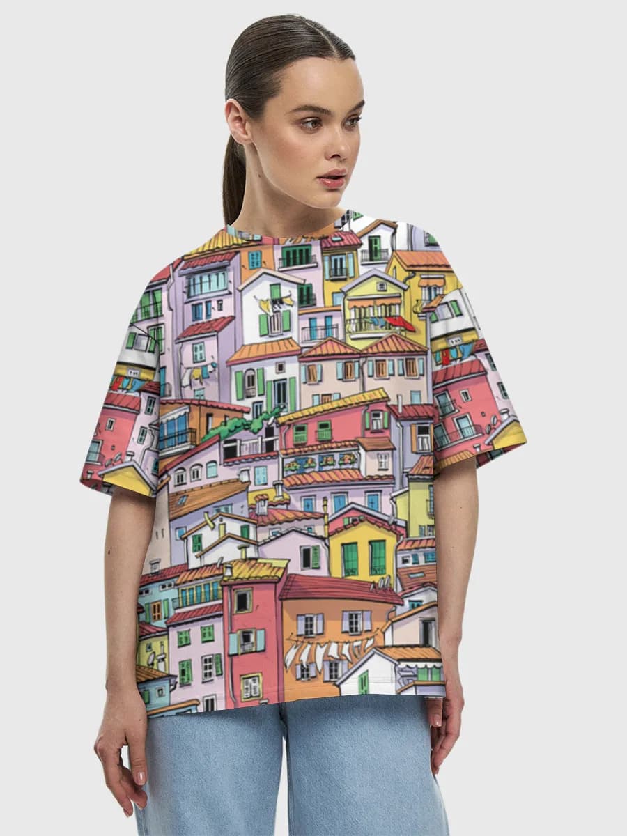 Colorful Mediterranean Village — Women's oversized cotton T-shirt with all-over print, Cityscape theme