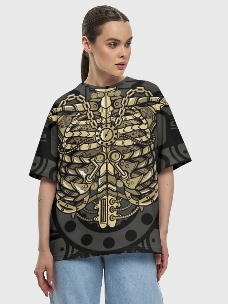 Mechanical Ribcage Heart — Women's oversized cotton T-shirt with all-over print, Cyberpunk theme