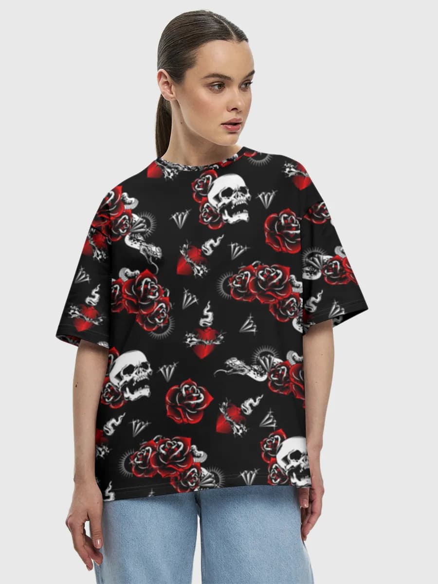 Skulls Roses And Snakes — Women's oversized cotton T-shirt with all-over print, Gothic theme