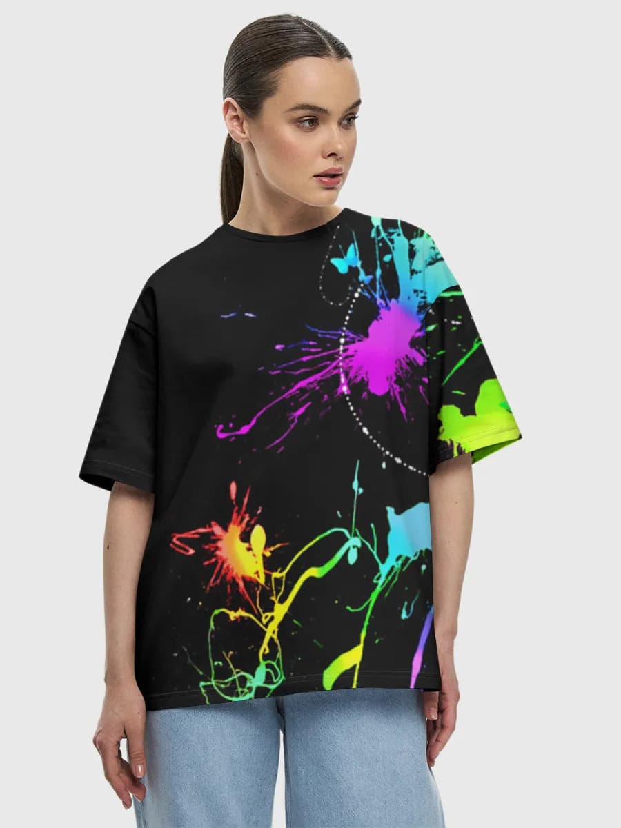 Neon Paint Splatter — Women's oversized cotton T-shirt with all-over print, Abstract theme