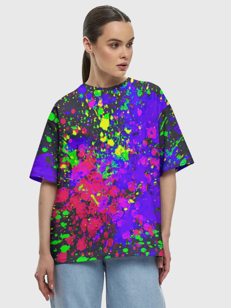 Neon Paint Splash — Women's oversized cotton T-shirt with all-over print, Abstract theme